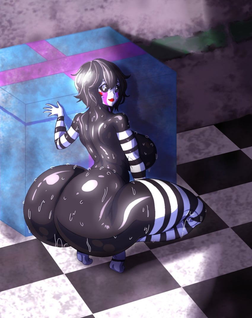 1girls alternate_version_available ass barefoot black_hair box commission completely_nude completely_nude_female de_kurayami female female_only five_nights_at_freddy's five_nights_at_freddy's_2 full_body gift_box huge_ass looking_at_viewer looking_back marionette_(fnaf) naked naked_female nude nude_female puppet_(fnaf) short_hair solo solo_female squatting sweat wet