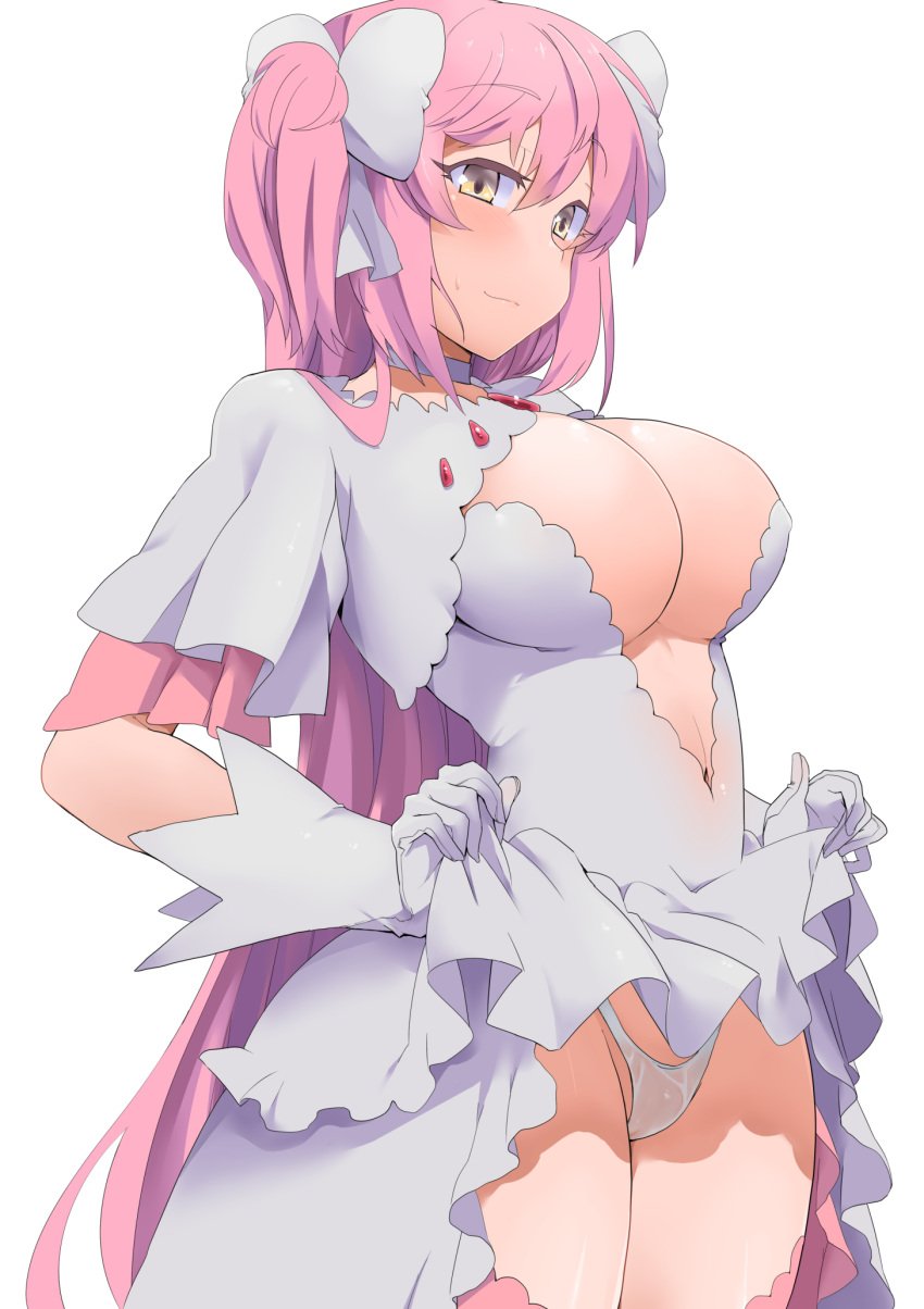 big_breasts blush breasts cleavage cleavage_cutout cleavage_overflow cleavage_window dress embarrassed female female_focus female_only gloves goddess lifted_by_self lifting_clothing long_dress long_hair madoka_kaname magical_girl mahou_shoujo_madoka_magica minakami minakami_(flyingman555) panties pink_hair puella_magi_madoka_magica ribbon ribbons solo solo_female solo_focus teasing thick thick_ass thick_thighs thighhighs thong twintails ultimate_madoka very_long_hair white_background white_clothing white_gloves white_ribbon yellow_eyes