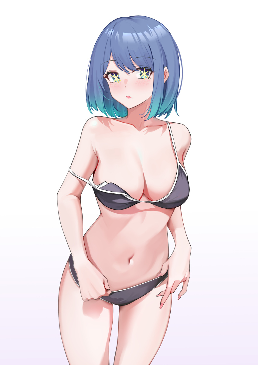 1girls absurdres aqua_eyes aqua_hair bikini black_bikini blue_hair blush bob_cut breasts cleavage collarbone commentary_request cowboy_shot female fingernails gradient_eyes gradient_hair highres kurokawa_akane large_breasts long_fingernails looking_at_viewer miuna_(498475051) multicolored_eyes multicolored_hair nail_polish navel open_mouth oshi_no_ko pink_nails purple_eyes simple_background solo standing star-shaped_pupils star_(symbol) stomach strap_gap strap_slip swept_bangs swimsuit symbol-shaped_pupils white_background wide_hips