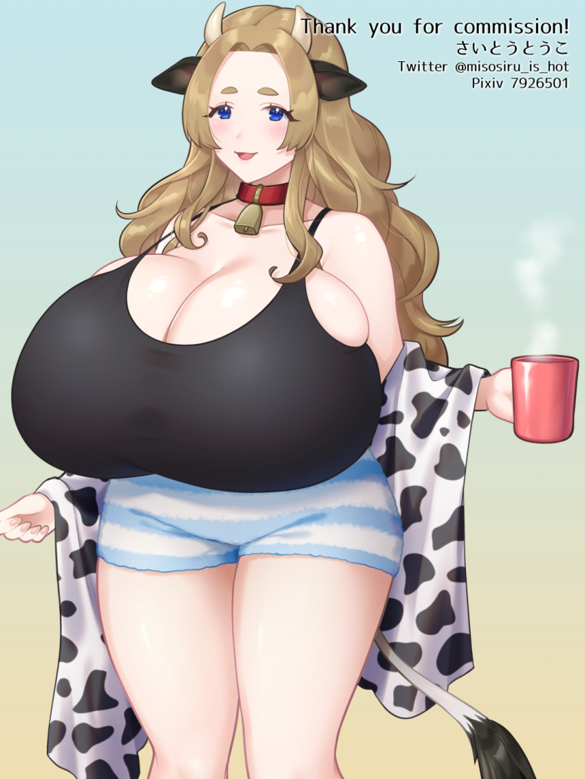 animal_ears bell_collar big_breasts blue_eyes breasts_bigger_than_head brown_hair cleavage cow_ears cow_girl cow_print cup curvy huge_breasts large_breasts looking_at_viewer original saitou_touko thick_thighs voluptuous