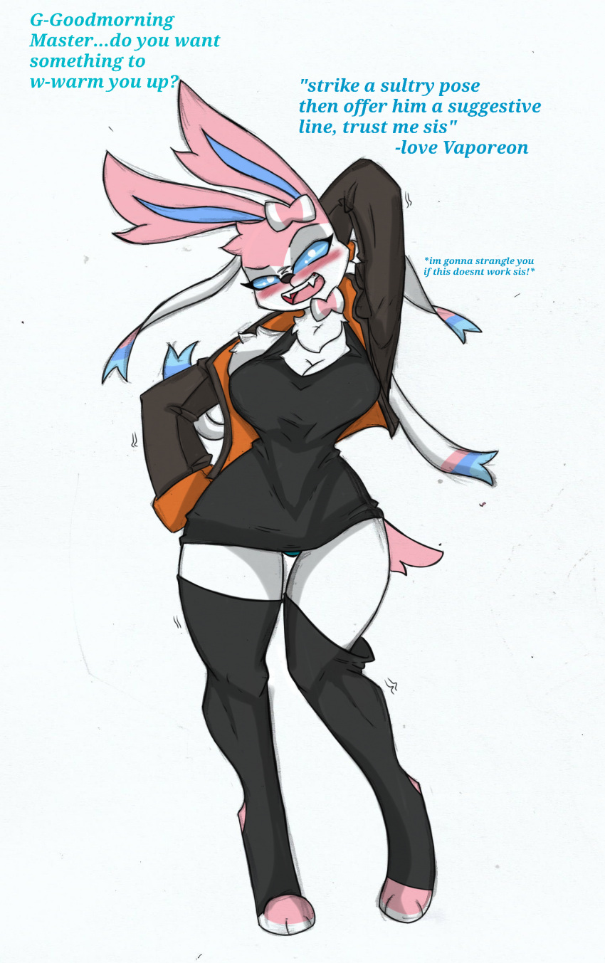 absurd_res anthro big_breasts blush breasts clothing eeveelution fan_character female generation_6_pokemon hi_res jacket legwear nintendo pace-maker pokemon pokemon_(species) small_waist solo sylveon thick_thighs thigh_highs topwear wide_hips