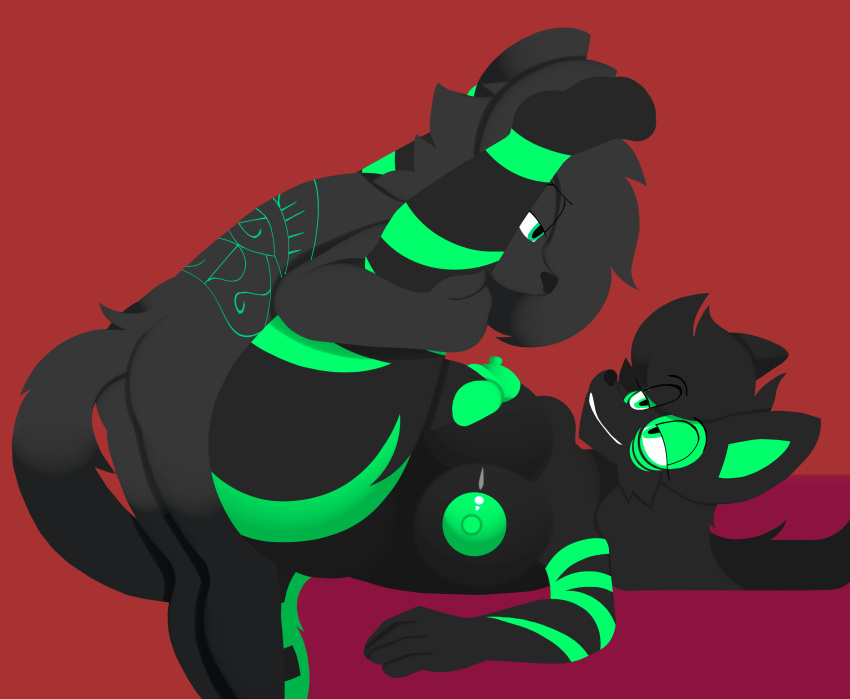 absurd_res anthro anthro_on_anthro areola black_body black_fur breasts canid canine cheek_tuft donya duo facial_tuft fox fur genitals glans goo_creature green_areola green_body green_fur green_glans green_markings green_nipples gynomorph gynomorph/male gynomorph_penetrated hair herm_(lore) hi_res intersex intersex/male intersex_penetrated lying male male_penetrating male_penetrating_gynomorph male_penetrating_intersex mammal markings narrowed_eyes nipples on_back penetration penis razor_morg sex table_lotus_position tuft