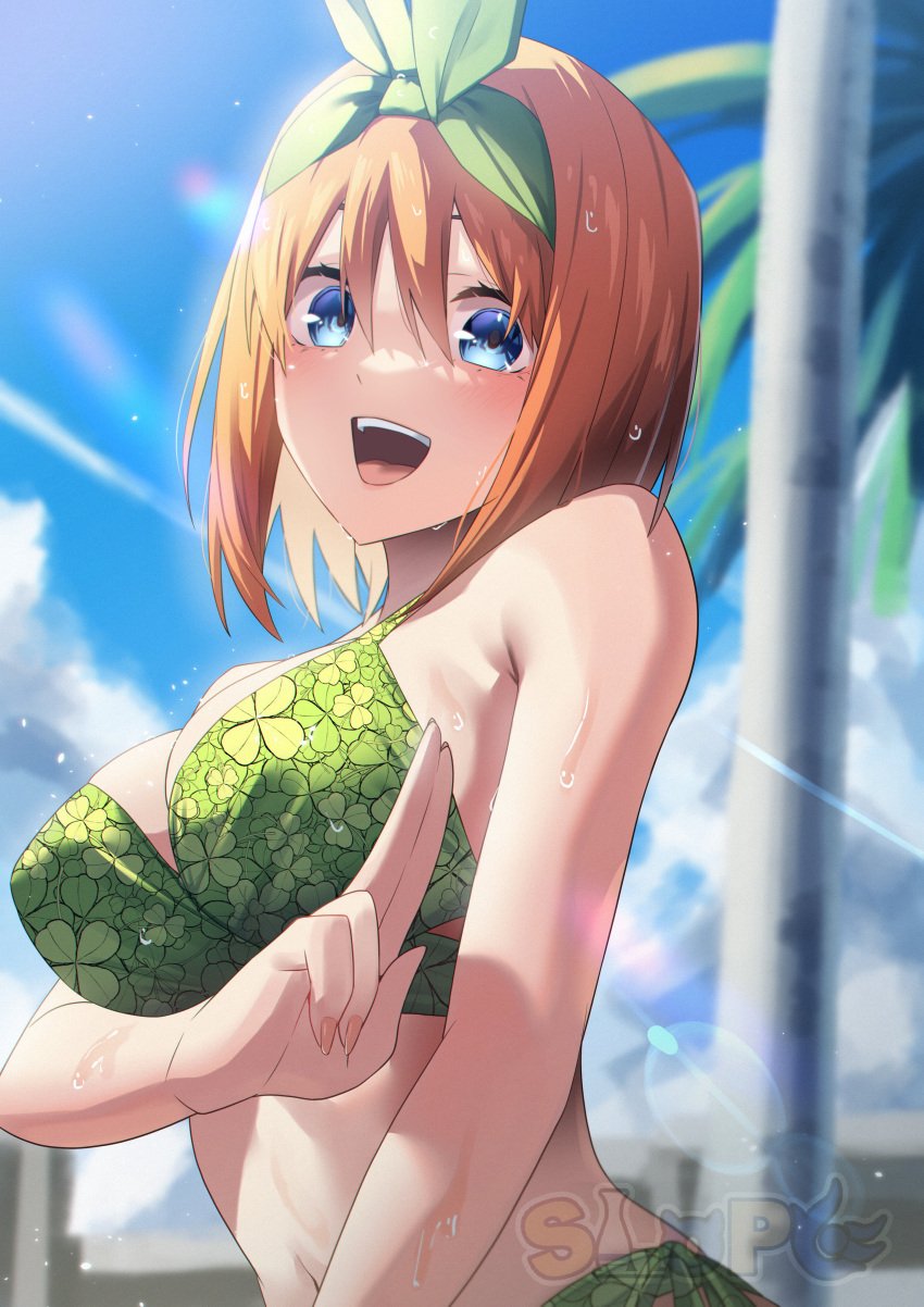 1girls absurdres bikini blue_eyes blush breasts commentary_request female go-toubun_no_hanayome green_bikini highres large_breasts looking_at_viewer nakano_yotsuba navel orange_hair outdoors salute slope_(check238) smile solo swimsuit two-finger_salute upper_body water_drop watermark