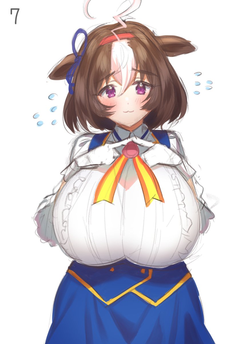 animal_ears big_breasts breasts_bigger_than_head brown_hair gloves huge_breasts large_breasts meisho_doto_(umamusume) purple_eyes ribbon saitou_touko shy umamusume