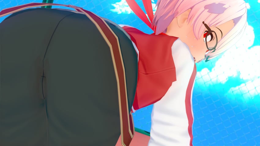 1boy 1chi ass ass_focus bent_over big_ass blush butt clothed clothing gay glasses hair_over_one_eye ichi_ken jacket koikatsu looking_at_viewer looking_back lunime male_only open_mouth outdoors outside pants red_eyes scarf solo suggestive sweat tan_body white_hair yaoi