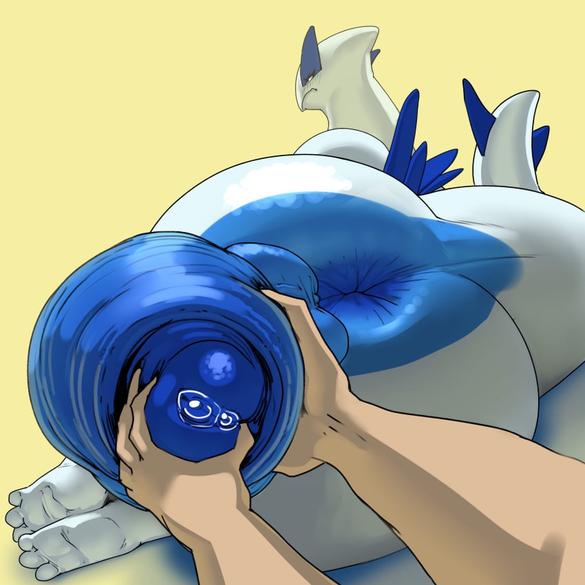 2023 absurd_res ambiguous_gender anthro anus ass balls big_anus big_balls big_butt big_penis blue_body blue_penis blush bodily_fluids duo embarrassed feet generation_2_pokemon genital_fluids genital_focus genitals hi_res legendary_pokemon looking_back lugia male male/ambiguous male_only nintendo penis penis_focus penis_grab pokemon pokemon_(species) precum solo_focus splashyu white_body