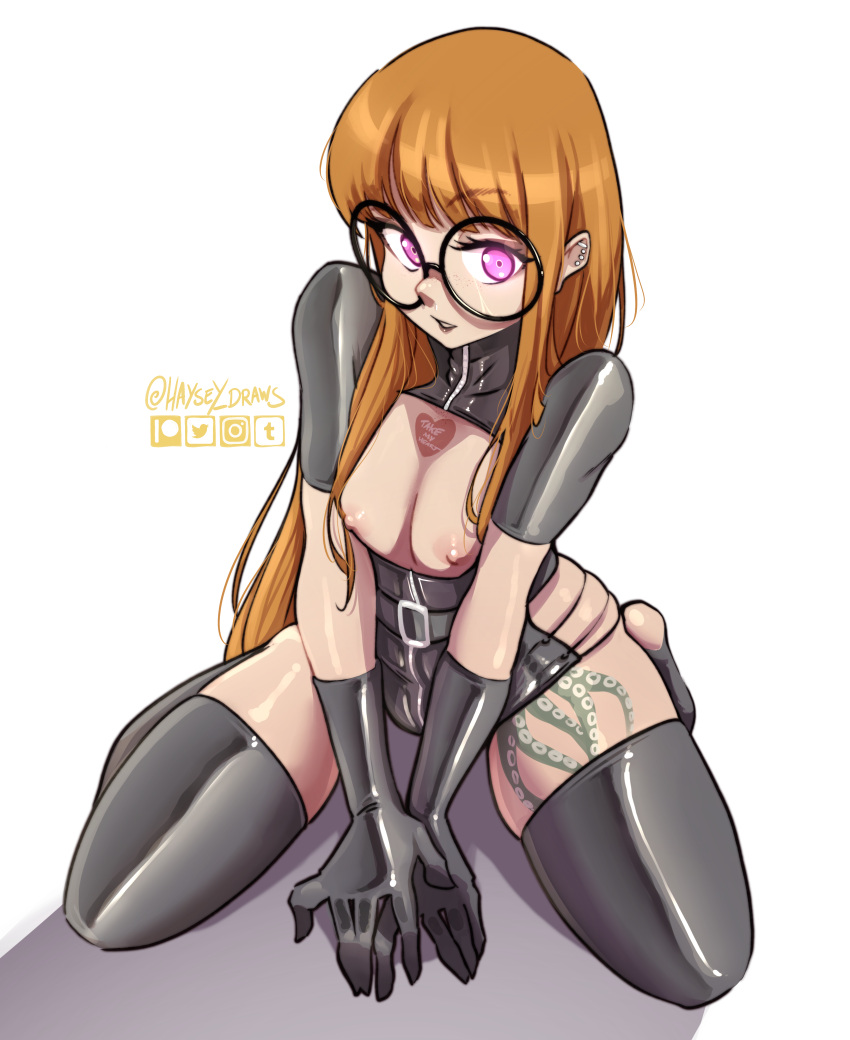 1girls black_gloves blush elbow_gloves glasses goth goth_girl haysey_draws long_hair looking_at_viewer orange_hair persona persona_5 persona_5_royal sakura_futaba sitting solo tattoo tentacle