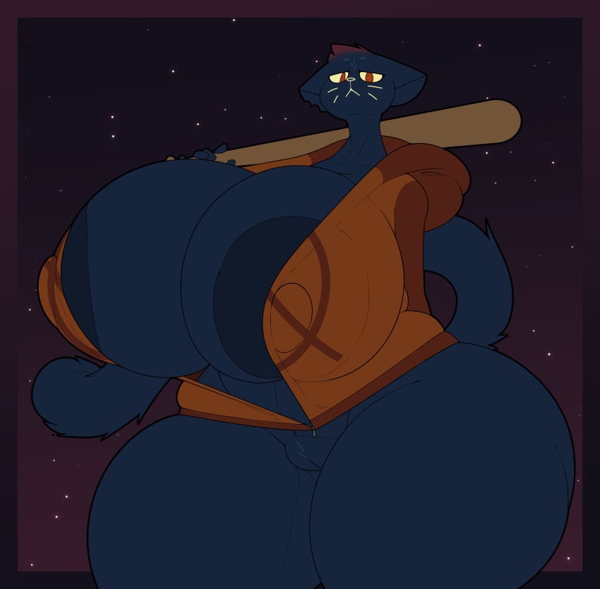 absurd_res anthro areola baseball_bat bat_(object) big_breasts blue_areola blue_body bottomless breasts clothed clothing domestic_cat felid feline felis female genitals hi_res holding_baseball_bat hoodie huge_breasts huge_hips huge_thighs looking_at_viewer mae_borowski mammal night_in_the_woods nipple_outline pussy red_eyes solo thenameisradio thick_thighs topwear whiskers wide_hips