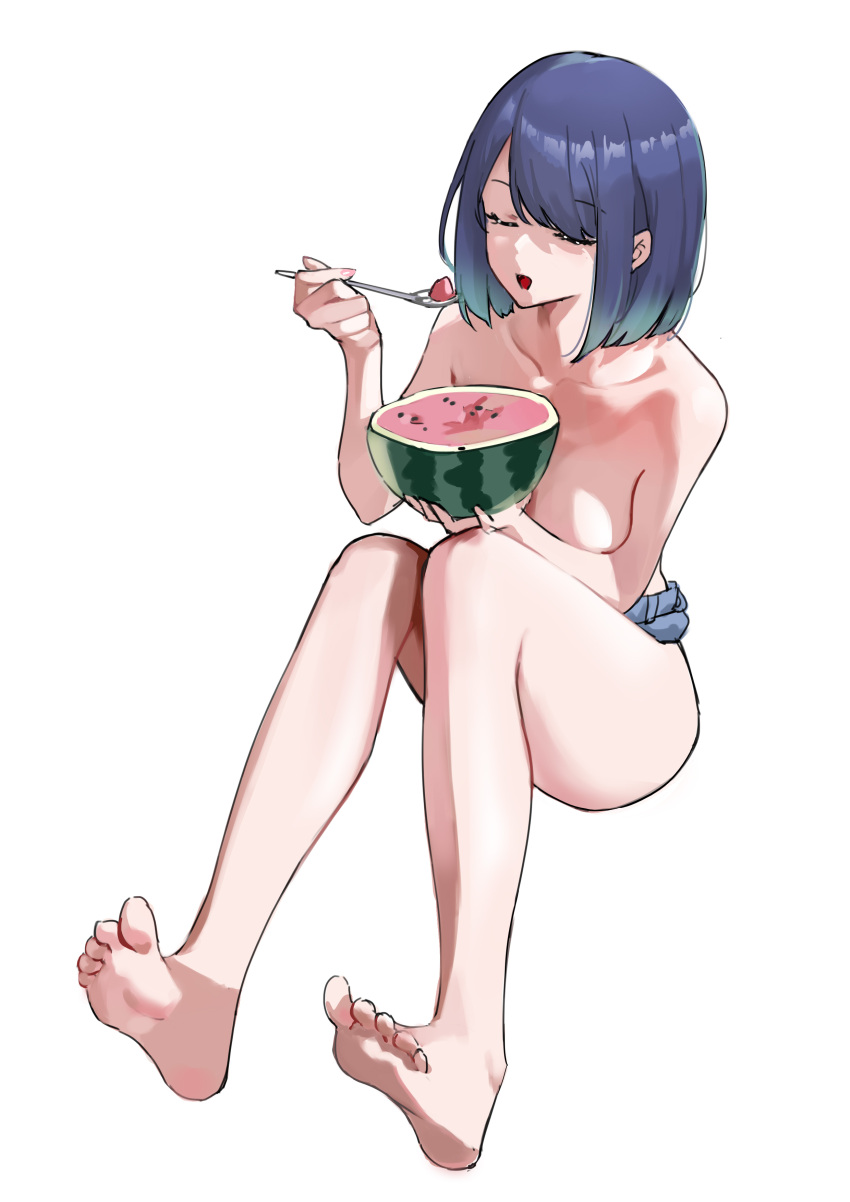 1girls absurdres aqua_hair barefoot blue_hair bob_cut breasts closed_eyes collarbone commentary_request convenient_arm denim denim_shorts derivative_work eating feet female food fruit full_body gradient_hair highres holding holding_food holding_fruit holding_spoon knees_together_feet_apart knees_up kurokawa_akane light-skinned_female light_skin medium_breasts medium_hair micro_shorts miuna_(498475051) multicolored_hair nail_polish open_mouth oshi_no_ko pink_nails shorts simple_background sitting soles solo solo_female spoon swept_bangs toes topless watermelon white_background