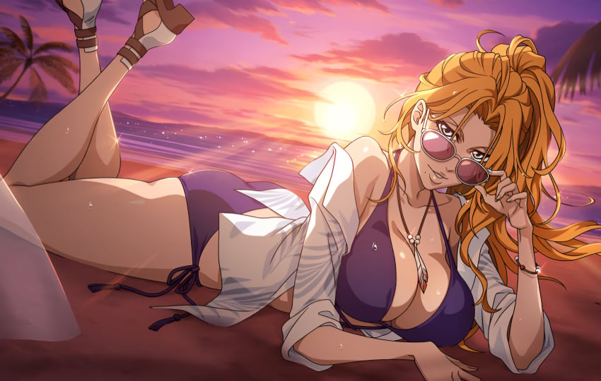 1girls accurate_art_style ass beach big_breasts bikini bleach bleach_brave_souls breasts busty cleavage feet grey_eyes highres large_breasts legs looking_at_viewer lying matsumoto_rangiku ocean official_art on_stomach open_clothes open_shirt orange_hair parted_lips ponytail seductive_smile smile solo sweat swimsuit the_pose thighs voluptuous water