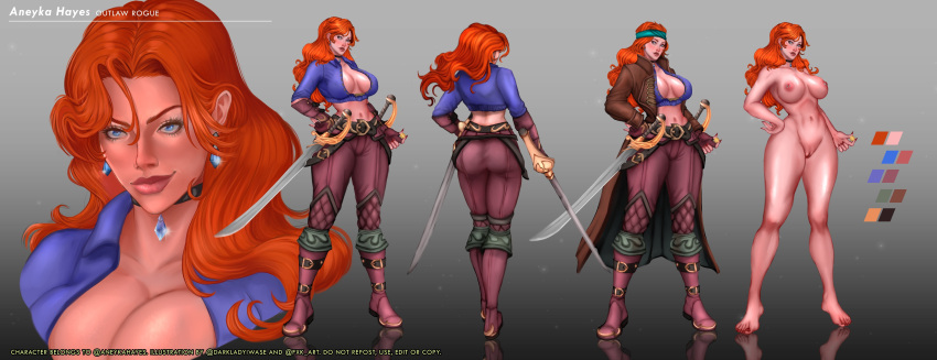 1girls aneyka_hayes big_breasts blizzard_entertainment blue_eyes character_sheet human human_(world_of_warcraft) light-skinned_female light_skin nipple_piercing original_character red_hair warcraft world_of_warcraft