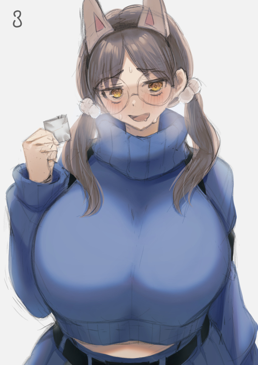 big_breasts blue_archive breasts_bigger_than_head condom condom_wrapper glasses huge_breasts large_breasts midriff moe_(blue_archive) rabbit_squad_(blue_archive) saitou_touko srt_special_academy_student sweater