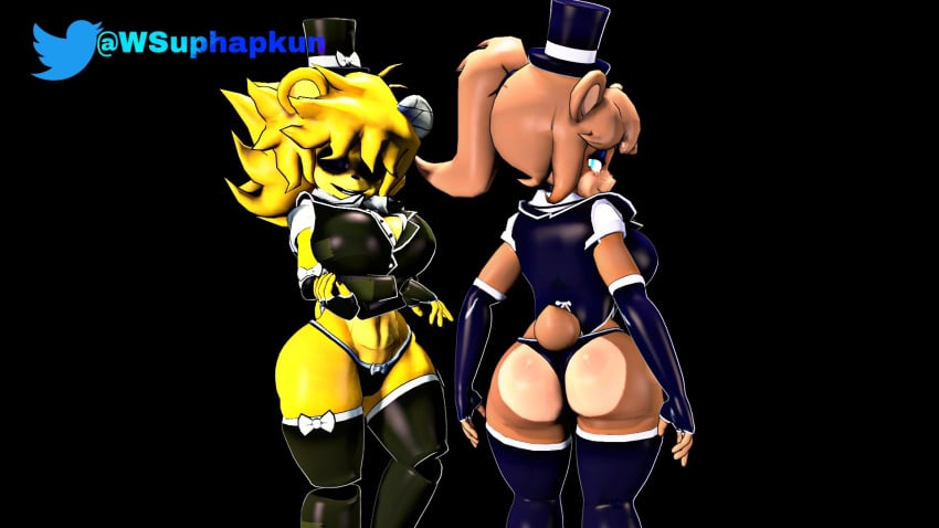 2girls 3d 3d_(artwork) anthro armwear ass big_ass big_breasts black_background black_legwear blue_eyes breasts brown_fur cally3d clazzey clothed clothing cryptiacurves curvy fazclaire's_nightclub female female_only five_nights_at_freddy's fnaf freddy_(fnaf) fredina's_nightclub fredina_(cally3d) frenni_(cryptia) frenni_fazclaire furry golden_freddy golden_freddy_(fnaf) golden_fredina_(cally3d) hat hi_res hourglass_figure legwear ponytail scottgames simple_background thick_thighs thighhighs type_0 voluptuous wide_hips wsuphapkun