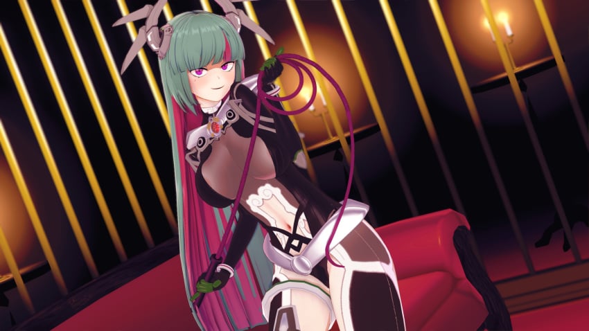 1girls 3d blush candles green_hair highres large_breasts lilin_(battle_cats) long_hair love_seat mole_under_eye nipple_peek nipples_visible_through_clothing pink_eyes pink_hair smiling_at_viewer the_battle_cats thick_thighs tight_clothing whip