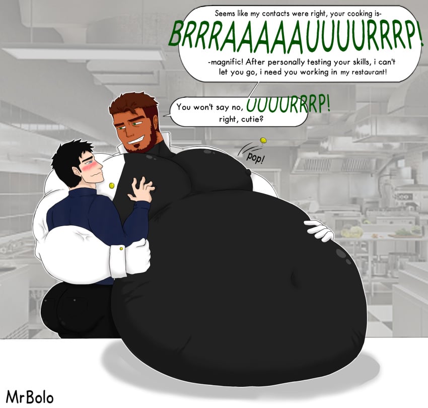 2boys ball_belly bara belly_button_visible_through_clothing belly_on_counter belly_on_table bhm big_ass big_belly big_butt big_chest big_moobs big_pecs black_hair brown_hair bubble_butt burp burping button_pop button_popping daddy dark-skinned_male dialogue dilf facial_hair franky_abbott gay gigantic_belly hand_on_belly hand_on_chest height_difference huge_belly huge_chest huge_pecs huge_tits jax_guerrero kitchen maantits male male/male male_only manboobs moobs mrbolo obese obese_male overweight overweight_male popping_buttons round_belly ssbhm stuffed