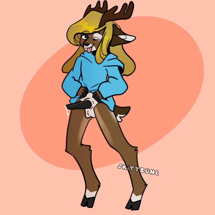 anatomically_correct anatomically_correct_genitalia anthro antlers black_penis blonde_hair blue_clothing blue_hoodie blue_topwear bodily_fluids bottomless brown_body brown_fur chibi clothed clothing clothing_lift cum cum_drip deer dripping fingers fur gavin_walkers genital_fluids genitals green_eyes hair hi_res hoodie hoodie_only hooved_fingers hooves horn male mammal one_eye_closed penis skittzune solo tongue tongue_out topwear topwear_only wavy_hair wink