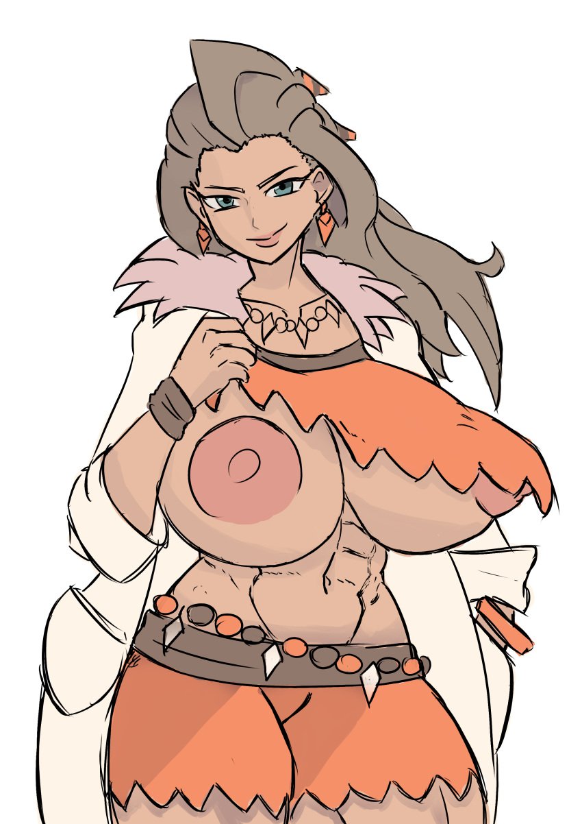 1girls alternate_breast_size areolae big_breasts breasts breasts_bigger_than_head breasts_out clothed clothed_female female female_only huge_breasts long_hair looking_at_viewer nipples pokemon pokemon_sv professor_sada_(pokemon) rag_prime shorts smile solo solo_female toned toned_female