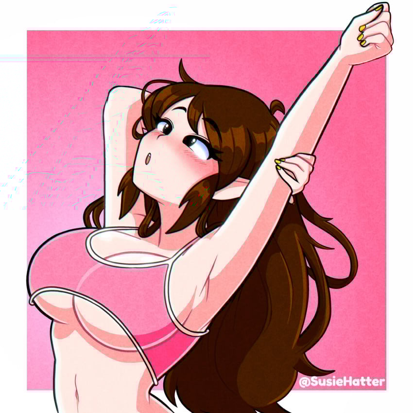big_breasts blush brown_hair sports_bra stretching stretching_arms susiehatter voluptuous_female