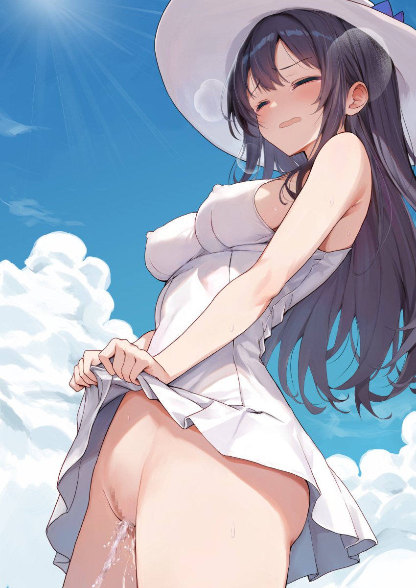 bare_shoulders black_hair black_hat bottomless breasts breath censored closed_eyes clothes_lift commentary covered_nipples cowboy_shot dress dress_lift female female_ejaculation hat highres large_breasts long_hair mosaic_censoring original pussy pussy_juice rikudou_inuhiko solo strapless strapless_dress sunlight symbol-only_commentary tears white_dress