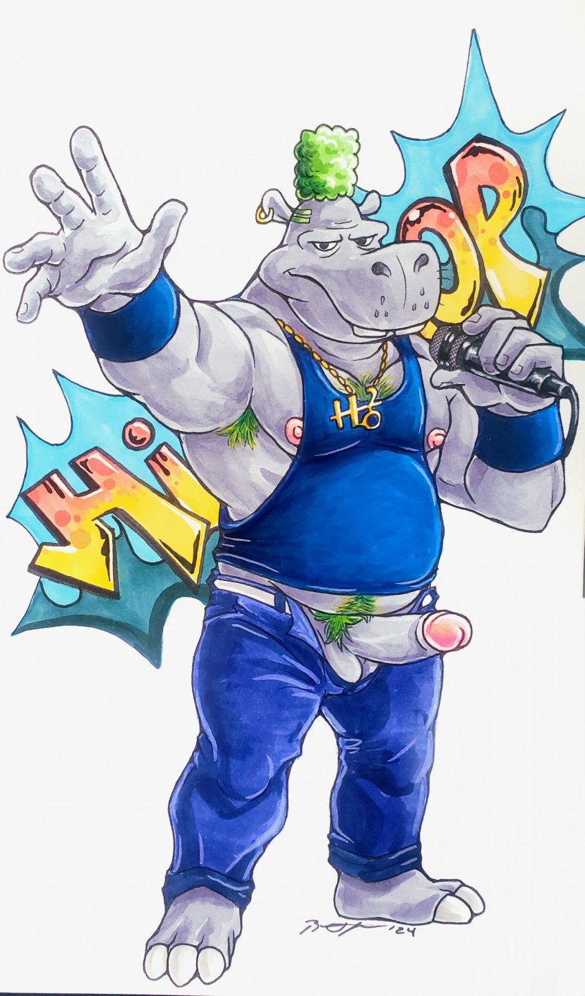 2024 absurd_res anthro armpit_hair balls belly belly_hair belly_poke biceps blue_clothing blue_shirt blue_tank_top blue_topwear body_hair bottomwear cartoon_network clothed clothing common_hippopotamus ear_piercing electronics erection feet foxfurries genitals gold_(metal) gold_jewelry gold_necklace graffiti green_hair hair hi_res hip-hop-opotamus hippopotamid hooves jewelry looking_at_viewer male mammal manly microphone musclegut muscular necklace nipples open_bottomwear open_clothing open_pants pants pecs penis penis_poking_out piercing pubes shirt simple_background slightly_chubby solo standing tank_top the_grim_adventures_of_billy_and_mandy topwear white_background wristband