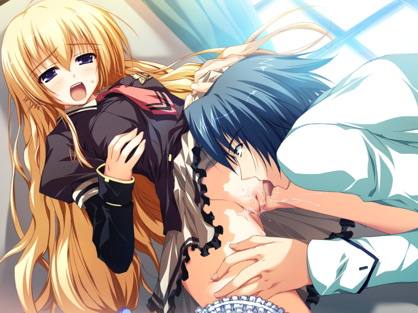 1boy 1girls akatsuki_no_goei asagiri_kaito blonde_hair blue_eyes blush breasts cameltoe clothes_lift decensored female game_cg hetero highres kurayashiki_tae long_hair medium_breasts no_panties open_mouth pussy pussy_juice school_uniform skirt skirt_lift tomose_shunsaku very_long_hair