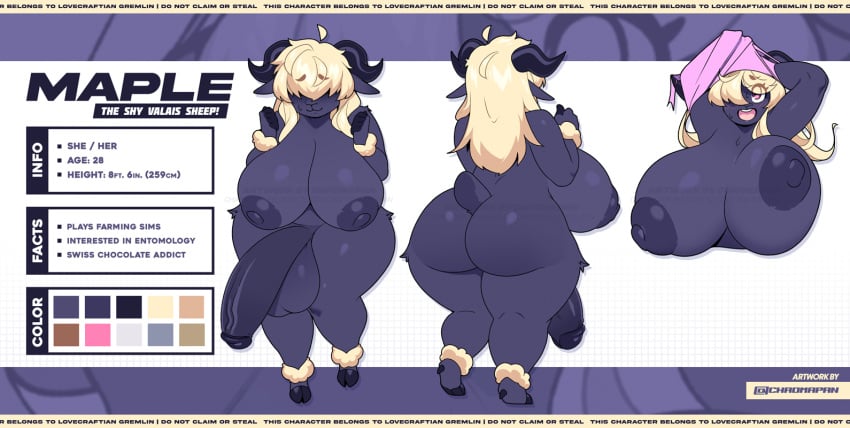 2025 anthro artist_name balls big_balls big_breasts big_penis black_body blonde_hair blush bovid breasts caprine chromapan clothing domestic_sheep english_text fingers futanari genitals gynomorph gynomorph_anthro hair hair_over_eye hair_over_eyes hooved_fingers hooves huge_balls huge_breasts huge_cock intersex intersex_anthro mammal maple_(lovecraftian_gremlin) model_sheet nude_anthro nude_gynomorph open_mouth penis pronouns sheep smile solo stated_age stated_height text torn_clothing valais_blacknose