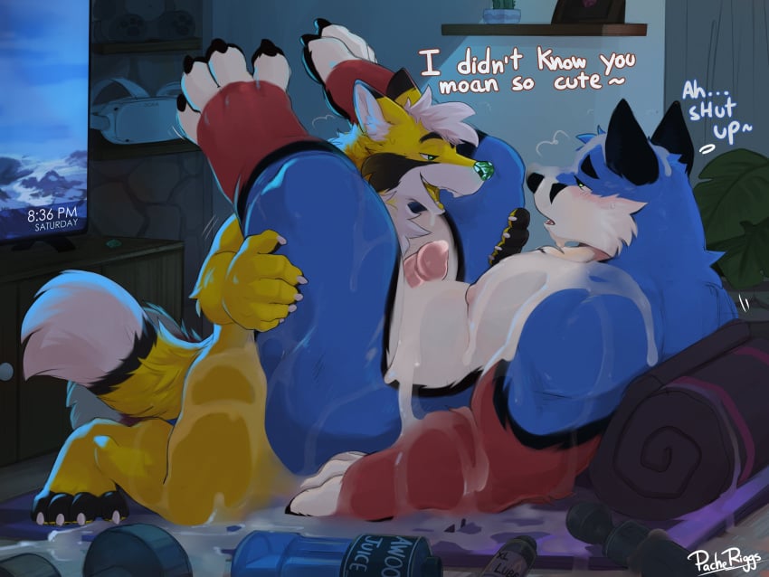absurd_res anal anal_orgasm anal_sex anthro anthro_on_anthro anthro_penetrated anthro_penetrating anthro_penetrating_anthro blue_body blue_fur bodily_fluids canid canine claws closed_eyes cum cum_everywhere cum_on_face cum_on_own_face cum_on_self cum_while_penetrated detailed_background dipstick_tail duo ejaculation electronics erection excessive_cum excessive_genital_fluids fluffy fluffy_tail fox fur genital_fluids genitals green_nose hands-free hi_res humanoid_genitalia humanoid_penis lube_bottle male male/male male_penetrated male_penetrating male_penetrating_male mammal markings messy mile open_mouth orgasm overweight overweight_anthro overweight_male pache_riggs penetration penile penile_penetration penis penis_in_ass reclining sex tail tail_markings television toe_claws yellow_body yellow_fur yoga_mat
