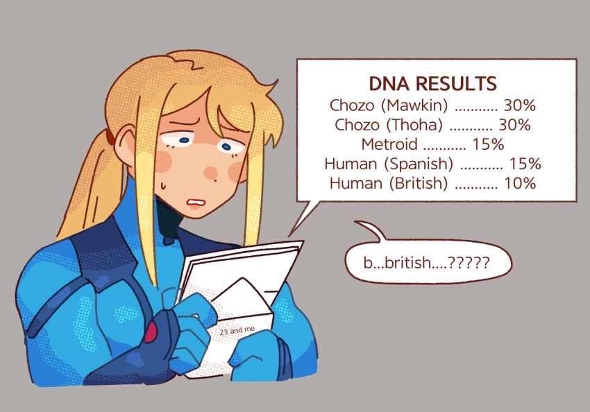 blonde_hair blue_eyes commentary english_text female grey_background highres holding holding_letter inkopolis letter long_hair metroid percentage ponytail samus_aran solo speech_bubble sweatdrop upper_body zero_suit