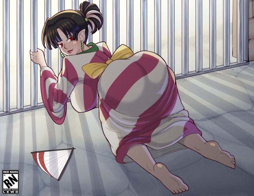 1girls ass ass_focus barefoot bent_over black_hair cell_bars clothing commission commissioner_upload earrings fan feather_in_hair from_behind inuyasha kagura_(inuyasha) kimono lipstick nahusmash on_knees pointy_ears prison_bars prison_cell red_eyes smile solo solo_female solo_focus stone_floor watermark