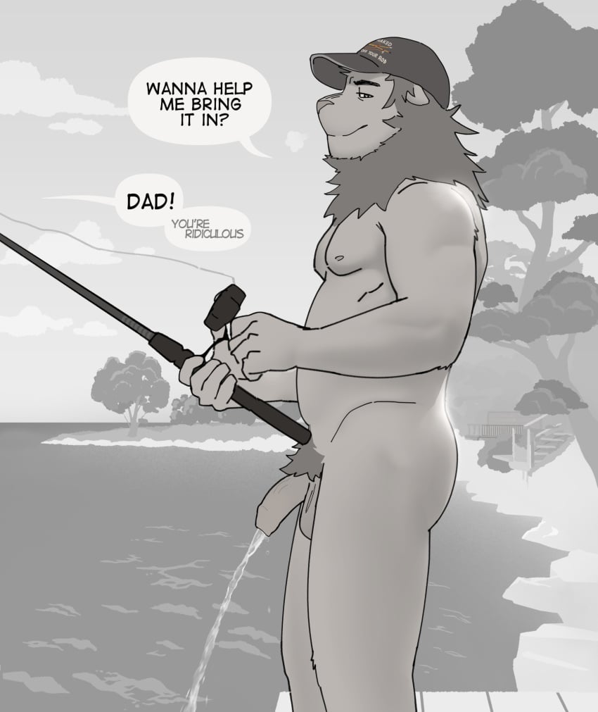 anthro ass balls baseball_cap baseball_cap_only belly bodily_fluids casual_nudity casual_urination clothing dialogue echto english_text felid fishing flaccid foreskin genital_fluids genitals hat headgear headwear hi_res humor lion looking_at_viewer male mammal mane mature_male nipples offscreen_character outside pantherine pecs peeing penis plant pubes side_view smile smiling_at_viewer solo speech_bubble standing text tree uncircumcised urine urine_stream