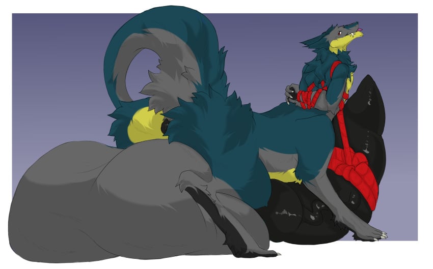 absurd_res animal_genitalia anus arms_tied ass balls big_balls big_penis bondage bondage bound brom_(sahurus) claws fangs fur genitals green_body green_fur grey_body grey_fur hi_res huge_balls huge_cock hyper hyper_balls hyper_genitalia hyper_penis male paws penis penis_tied red_eyes restraints rope rope_bondage rope_harness sergal sergal_taur sheril smile smirk solo tail taur teeth tongue tongue_out yellow_body yellow_fur