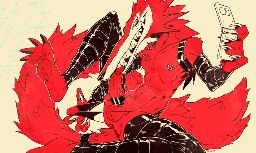 5:3 accessory anthro balls bandai_namco canid canine canis cellphone clothing clothing_aside cock_ring digimon digimon_(species) electronics erection fangmon fur genitals grin hi_res jewelry leather leather_clothing leather_legwear leather_stockings leather_strap legwear male mammal nipple_piercing nipple_ring nipples penis penis_accessory penis_jewelry phone piercing red_body red_fur redic-nomad ring_piercing scar selfie sharp_teeth smile solo stockings straps teeth thong thong_aside underwear underwear_aside wolf