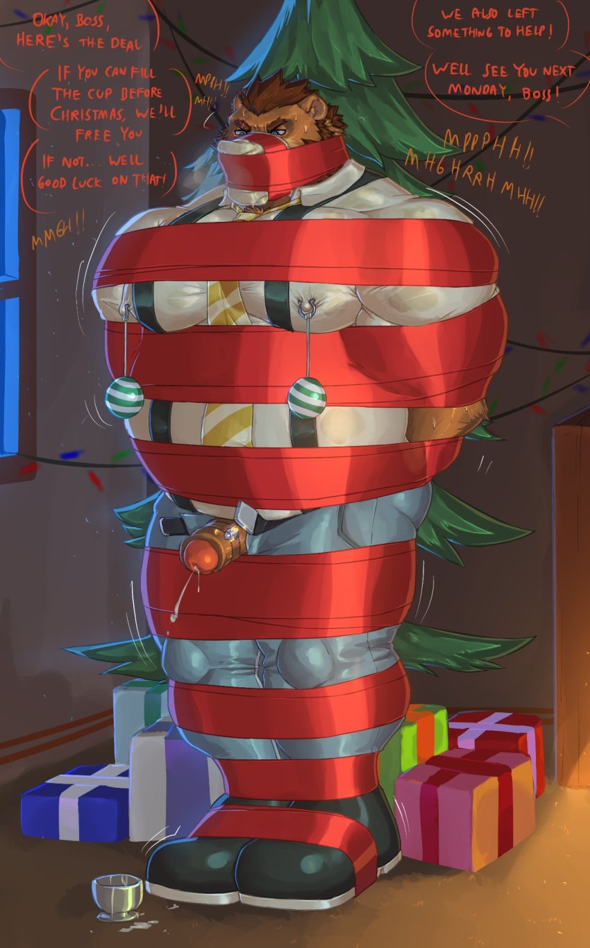 2024 anthro barazoku bear bodily_fluids bondage bondage bottomwear bound brown_bear christmas christmas_decorations christmas_tree clothed clothing container cum cum_on_ground cumshot cup dialogue digital_media_(artwork) duct_tape duct_tape_gag egg_vibrator ejaculation fireplace footwear foster-tony gag gagged genital_fluids genitals gift hi_res holidays leixiong_(sergeanvolibear) male mammal muffled musclegut muscular muscular_anthro muscular_male muscular_sub nipple_clamp nipple_outline open_bottomwear open_clothing open_pants pants penile penis penis_popsicle plant restrained sex_toy socks solo struggling submissive suspenders tape tape_gag tight_bottomwear tight_clothing tight_topwear topwear tree uniform ursine vibrator vibrator_on_penis window