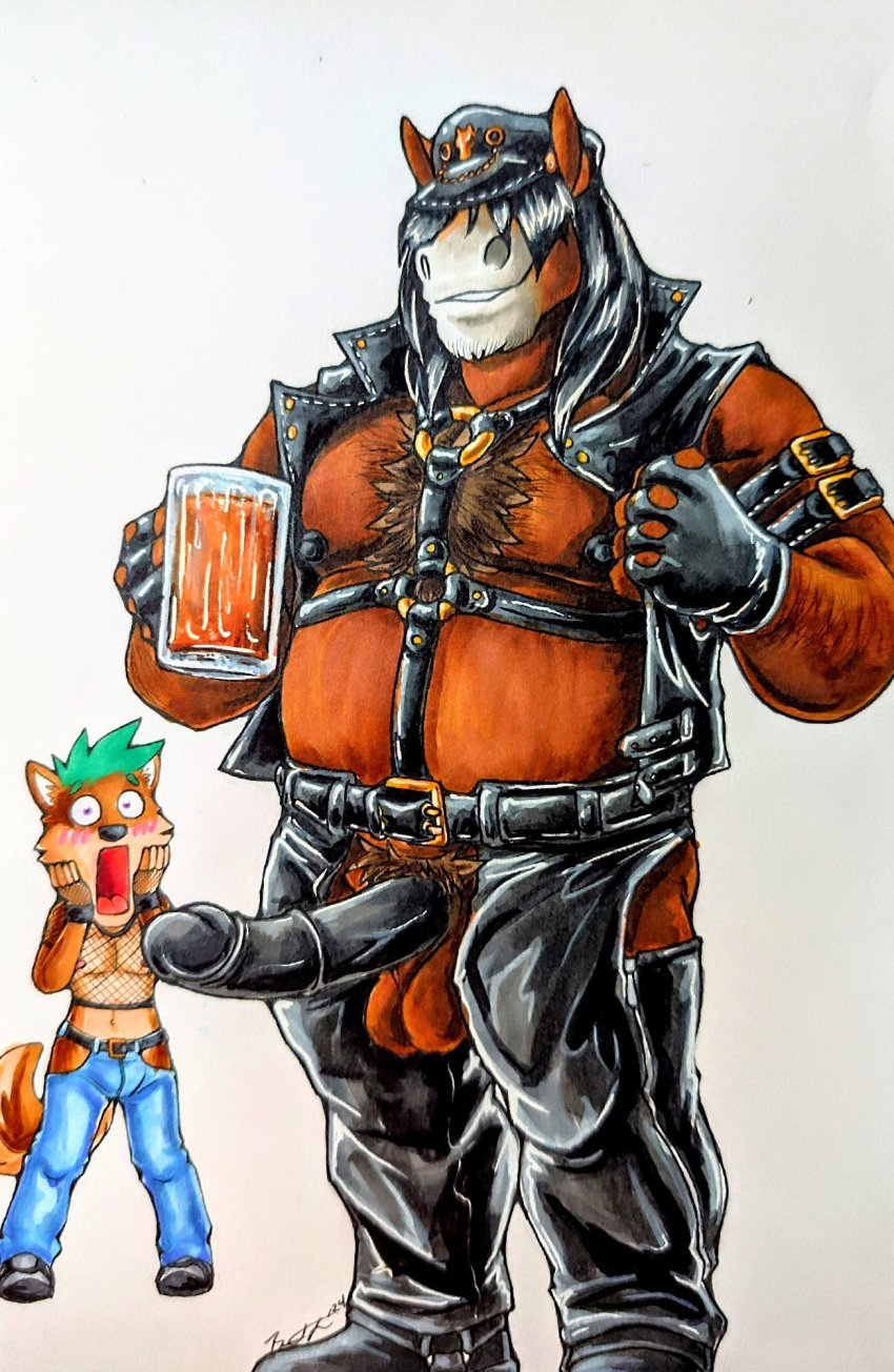2024 alcohol anthro arm_hair armband ass balls beer beer_mug belt beverage biceps black_hair black_nipples black_penis blush body_hair bottomwear brown_hair canid canine chest_hair clothed clothing denim denim_bottomwear denim_clothing duo equid equine erection femboy fingerless_gloves fishnet_clothing fishnet_topwear forearm_hair forearms foxfurries genitals gloves grin hair hair_over_eyes hairy hand_on_cheek handwear harness hat hat_over_eyes headgear headwear hi_res horse jeans leather leather_chaps leather_clothing leather_daddy leather_harness leather_hat leather_headgear leather_headwear leather_topwear leather_vest male male/male mammal manly mature_male medial_ring musclegut muscular navel nipples open_bottomwear open_clothing open_pants open_topwear open_vest pants pecs penis pubes simple_background slightly_chubby smile standing stare topwear vein veiny_penis vest white_background wide_eyed