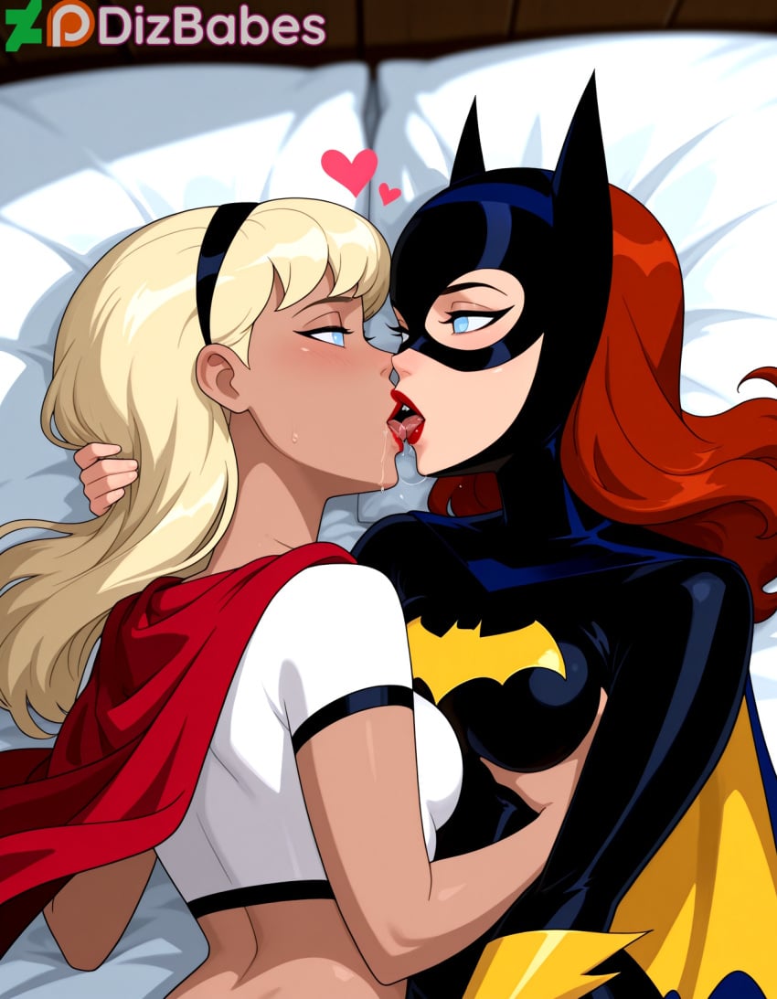 2girls ai_generated arm_around_partner barbara_gordon batgirl batman:_the_animated_series batman_(series) bed bedroom blonde_hair blue_eyes bodysuit breast_grab cape dc_comics dcau dizbabes female_only french_kiss grabbing_another's_breast hairband half-closed_eyes hand_on_another's_head heart heart justice_league justice_league_unlimited kara_zor-el kissing lesbian_kiss lipstick looking_at_another looking_at_partner lying mask midriff miniskirt navel on_bed on_side red_cape red_hair red_lipstick saliva saliva_trail shirt stable_diffusion supergirl superheroine superman:_the_animated_series superman_(series) t-shirt the_new_batman_adventures tongue_kiss tongue_out upper_body yuri