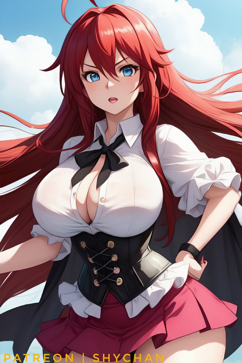 ahoge ai_generated bangs big_breasts blue_eyes bow breasts button_gap corset female female_only hands_on_hips high_school_dxd red_hair rias_gremory ribbon school_uniform schoolgirl shirt shychan skirt stable_diffusion tight_clothing voluptuous