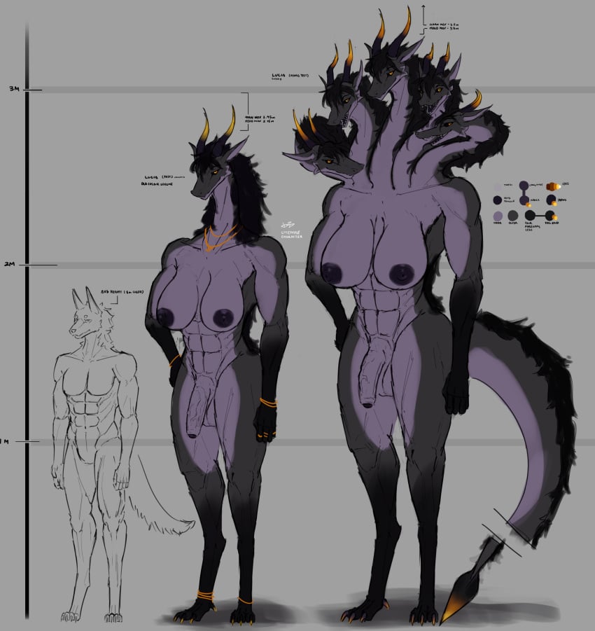 abs absurd_res accessory anthro balls black_hair black_nipples black_sclera bracelet breasts canid canine canis chart claws digitigrade dragon english_text fangs finger_claws flaccid foreskin genitals gynomorph hair hand_on_hip height_chart herm_(lore) hi_res horn intersex jewelry litehase long_neck long_tail lucia_(litehase) mammal model_sheet multi_head muscular muscular_anthro muscular_gynomorph muscular_intersex mythological_creature mythological_scalie mythology necklace nipples nude penis ring scalie simple_background size_difference tail teeth text toe_claws vein veiny_penis wolf yellow_eyes