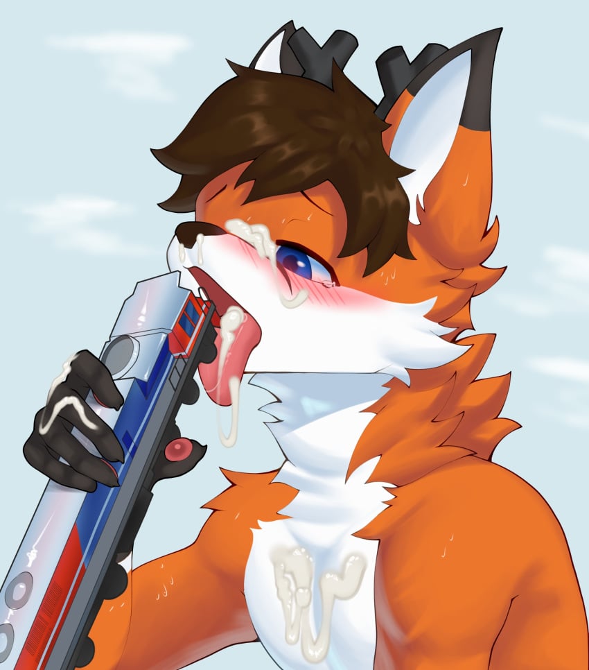 absurd_res anthro antlers blu_shun blue_eyes blush bodily_fluids cobalt_foxpaw cum cum_on_face cum_on_tongue electro-motive-diesel genital_fluids hair hi_res horn hybrid licking male pt_kereta_api_indonesia simple_background solo tongue train vehicle