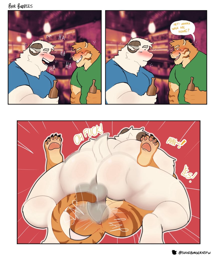 2024 2_horns 4_fingers 5_fingers anal anal_sex anthro baconbearart bar beverage blue_clothing blue_shirt blue_topwear blurred_background blush bovid bovid_horn brown_stripes bubble caprine caprine_horn closed_eyes clothing comic dialogue dot_eyes drunk drunk_bubble duo english_description english_text exclamation_point eye_contact felid fingers from_front_position fur genitals goat green_clothing green_shirt green_topwear hi_res holding_beer holding_beverage holding_object horn interspecies inviting_to_sex laugh looking_at_another male male/male male_penetrated male_penetrating male_penetrating_male mammal markings mating_press moan motion_blur multiple_scenes muscular muscular_anthro muscular_male nude_anthro open_mouth orange_body orange_fur pantherine pawpads penetration penile penile_penetration pink_pawpads plap question_mark rear_view red_background sex shirt side_view simple_background simple_eyes small_tail sound_effects speech_bubble striped_arms striped_body striped_fur striped_legs striped_markings striped_tail stripes substance_intoxication tail tail_markings talking_to_another text tiger tiptoes topwear whisker_spots white_body white_fur