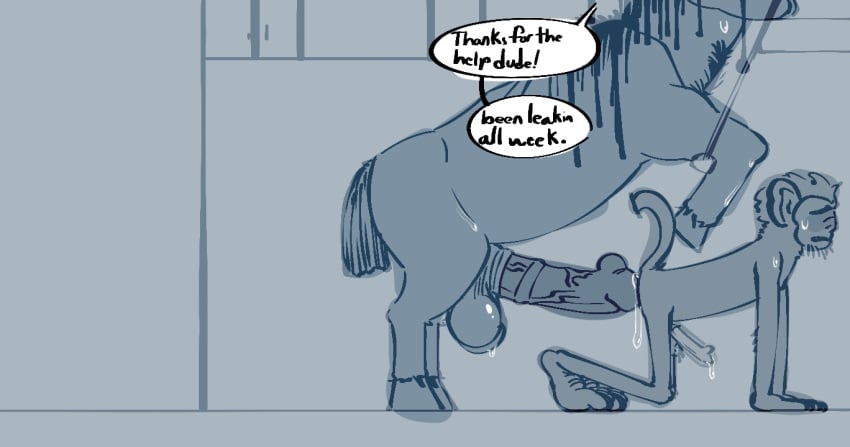 animal_humanoid anthro ape balls big_balls blush bodily_fluids calurk centaur digital_media_(artwork) duo english_text equid equid_taur erection european_mythology fur genital_fluids genitals greek_mythology hair haplorhine humanoid humanoid_taur interspecies male male/male mammal mammal_humanoid mammal_taur monkey monkey_humanoid mythology nude penis penis_on_butt precum primate primate_humanoid simple_background size_difference sweat sweatdrop sweaty_genitalia taur text vein veiny_penis