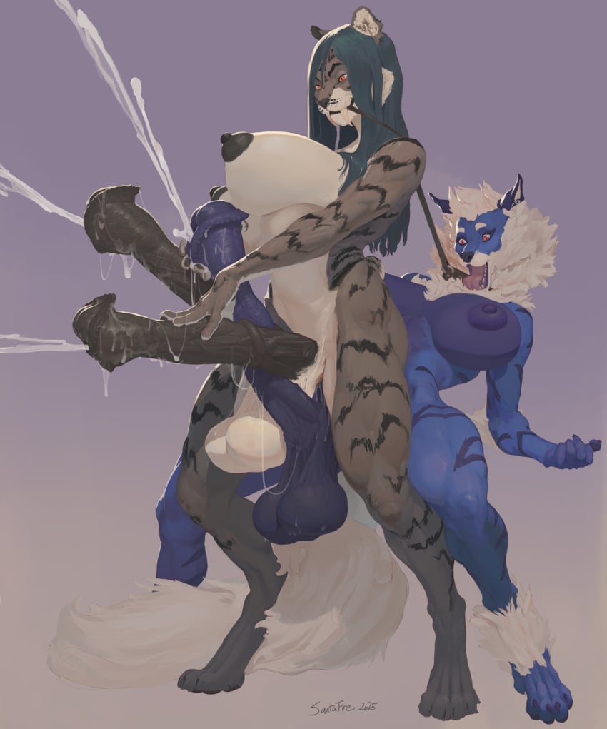2_penises animal_genitalia animal_penis anthro balls bent_over big_breasts big_flare big_penis blue_body blue_fur breasts collar dominant dominant_gynomorph dominant_intersex duo ejaculation equine_genitalia equine_penis felid flared_penis fur genitals grey_body grey_fur gynomorph gynomorph/gynomorph gynomorph_on_anthro hi_res huge_cock intersex intersex/intersex intersex_on_anthro leash leashed_collar mammal multi_genitalia multi_penis nipples pantherine penis purple_background saggy_balls santafire simple_background standing tiger