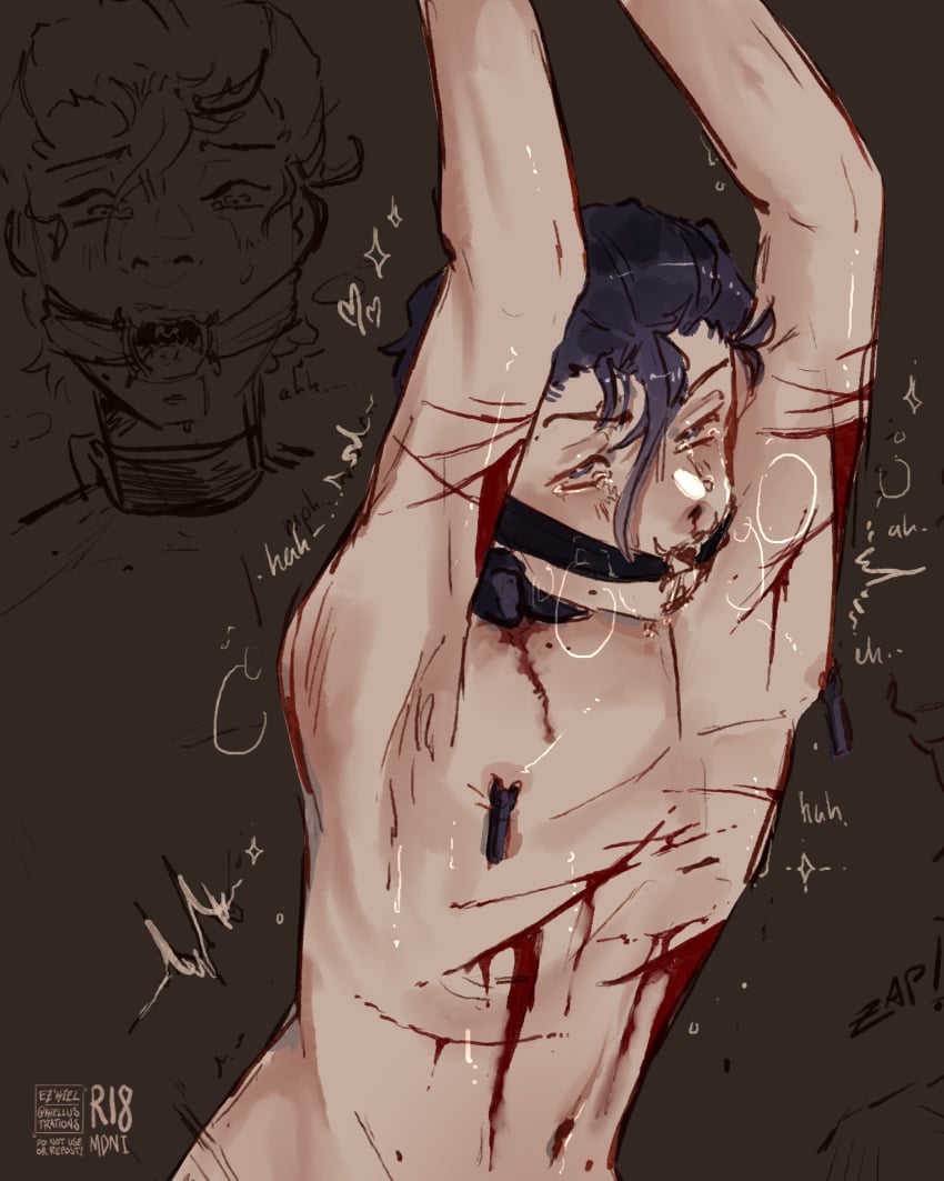 2d_(artwork) akire_wolfgang angry_expression arms_above_head arms_tied blood bondage dacryphilia electricity electrostimulation gagged intense_stare k080200479 laceration male male_focus male_only masochism navy_blue_hair nipple_clamps nipple_play project:_eden's_garden purple_eyes ring_gag shock_collar solo_male strawpage_request tears_in_eyes whip_marks