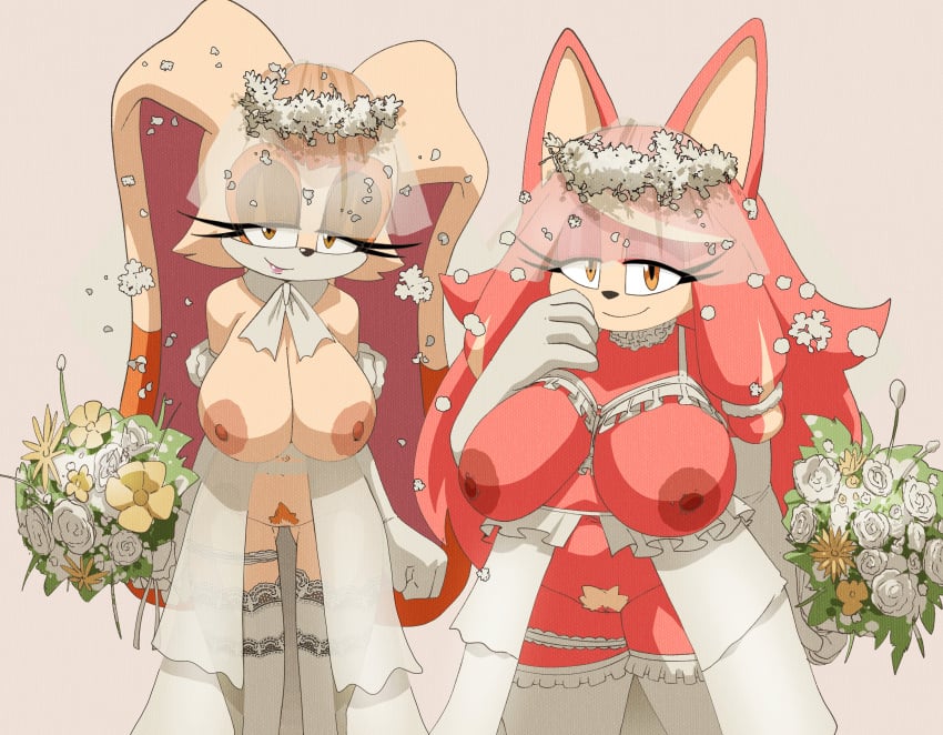 absurd_res anthro big_breasts bouquet breasts bridal_lingerie bride canid canine canis clothing conductor's_wife_(sonic) digital_media_(artwork) domestic_dog duo eyelashes female fingers flower flower_bouquet fur genitals gloves hair handwear hi_res holding_object inker_comics lagomorph legwear leporid lingerie lips looking_at_viewer mammal nipples plant pubes pussy rabbit sega simple_background smile sonic_(series) sonic_the_hedgehog_(series) the_murder_of_sonic_the_hedgehog toony vanilla_the_rabbit wedding_veil