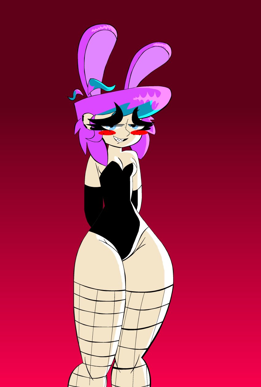 bedroom_eyes blue_eyes blush bunny_ears bunny_suit bunnysuit fishnet_legwear fishnet_stockings fishnets flat_chest flat_chested highlights irene_gloria_wilson(mrartist2005) mrartist2005 pink_hair tall_female taller_female taller_girl thick_eyebrows thick_thighs