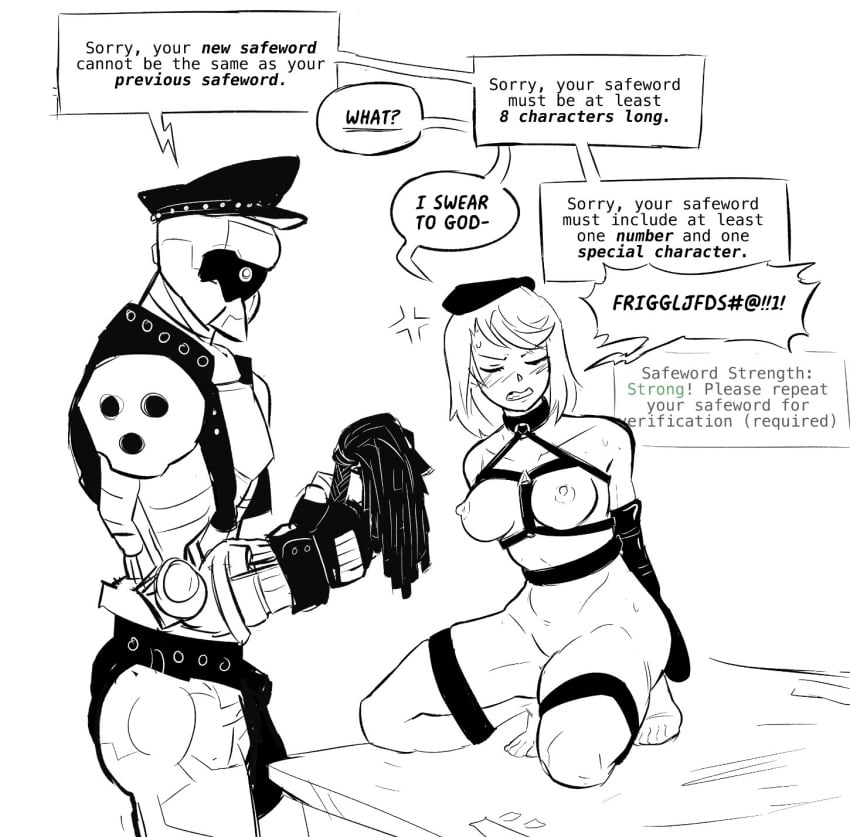1boy 1boy1girl 1girls bondage bound breasts cat_o'_nine_tails character_request female flogger frustrated funny madison_(spicymancer) male meme robot safe_word safeword shoto_(spicymancer) spicymancer tagme whip