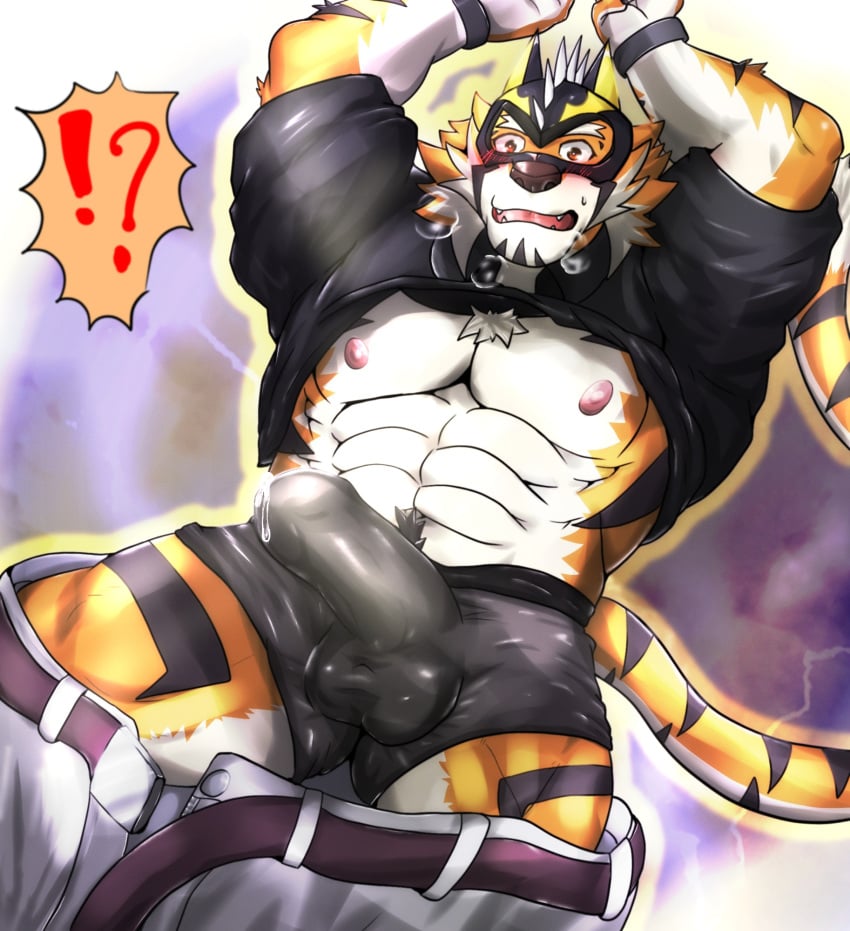 abs anthro blush bodily_fluids boxer_briefs clothing embarrassed erection erection_under_clothing felid fur genital_fluids hi_res lifewonders live_a_hero male mammal mask muscular muscular_anthro muscular_male nipples pantherine pecs precum precum_through_clothing ryekie_(live_a_hero) solo striped_body striped_fur stripes superhero tail tiger underwear wet wet_clothing yom_mido_plus