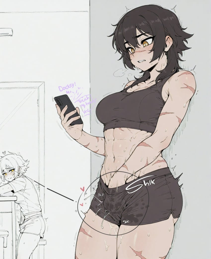 abs ai_assisted black_hair blush breasts bulge cellphone clothed_masturbation cum_in_clothes english_text female female_masturbation fingering futanari futanari_masturbation heart holding holding_phone masturbation medium_breasts medium_hair muscular muscular_female navel phone pussy_juice scar scar_on_arm scar_on_chest scar_on_face scar_on_leg scar_on_stomach scars short_hair shorts smartphone solo sondu sports_bra sweat teeth tomboy wolf_cut yellow_eyes