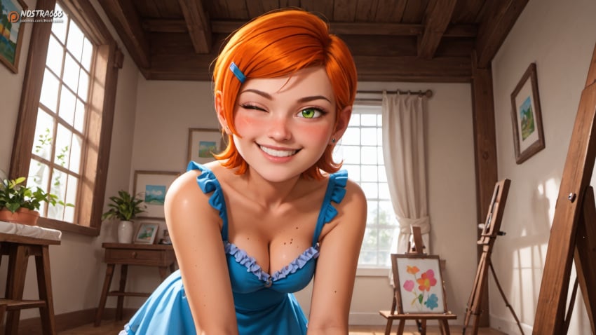 ai ai_generated ben_10 createdwithai digital_2d fan_art female girl green_eyes gwen_tennyson nostra666 orange_hair patreon stable_diffusion