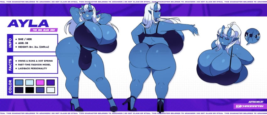2025 2_horns 5_fingers artist_name asian_mythology ass ayla_(arahmon) big_breasts big_bulge big_butt biped black_clothing black_footwear black_high_heels black_underwear blue_body blue_skin breasts bulge chromapan clothing curvy_figure demon detailed_bulge east_asian_mythology english_text fingers footwear futanari gynomorph gynomorph_humanoid hair hi_res high_heels horn huge_breasts huge_bulge humanoid intersex intersex_humanoid japanese_mythology model_sheet mythology oni purple_eyes shoes solo stated_age stated_height stated_species text underwear unhooking_bra voluptuous voluptuous_gynomorph voluptuous_humanoid white_hair yokai