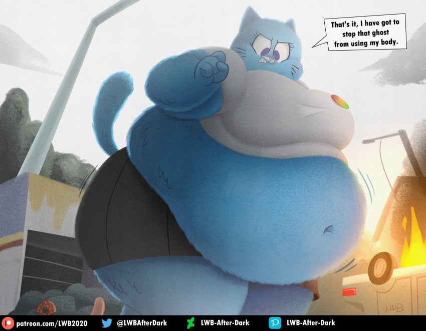 anthro bbw bbw_mom belly belly_button big_ass big_breasts big_thighs blue_fur breasts car_crash clothed dialogue digital_media_(artwork) feline feline fire lwbafterdark milf overweight overweight_female skirt tagme the_amazing_world_of_gumball